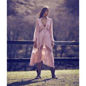 For Love And Lemons blush pink Lilou lace tiered long sleeve boho midi dress